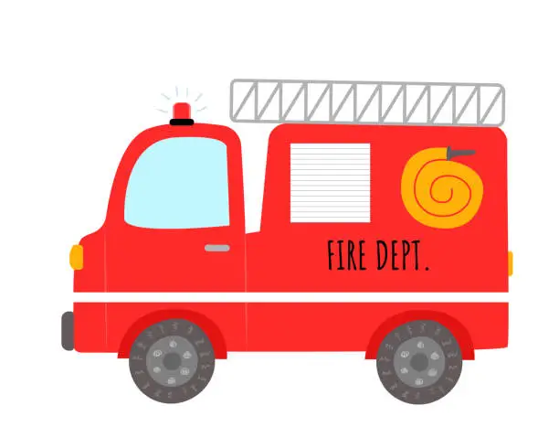 Vector illustration of Cute cartoon fire truck isolated on white background.