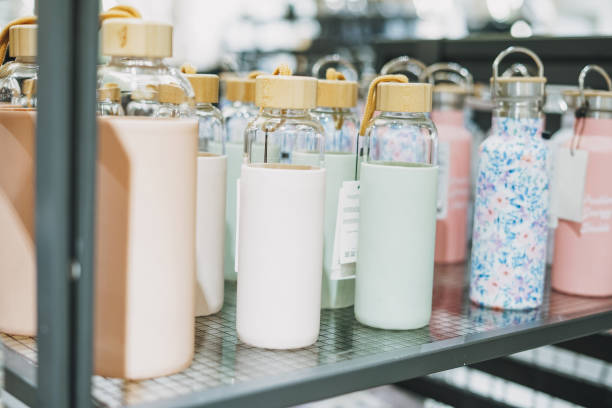 Water bottles minimalistic design on the counter in the store