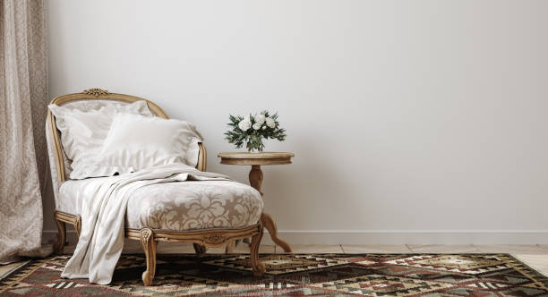 vintage living room with lounge armchair - cultura francesa imagens e fotografias de stock