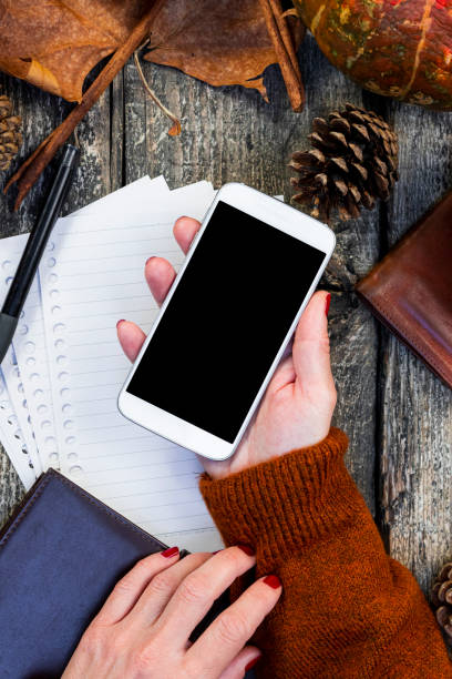 istock Female holding Smartphone with blank screen for copy space and notepad on wooden table with pumpkins, fall colorful leaves, autumn composition, Thanksgiving, concept. Top view. 1286672936