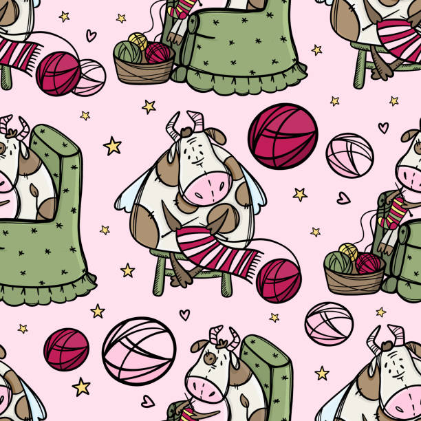 ilustrações, clipart, desenhos animados e ícones de tricôs de vaca bonito um cachecol de ano novo hygge sem padrão vetor - wool scarf backgrounds knitting