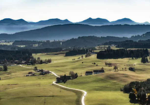 awesome landscape view in autumnal atmosphere over the upper Allgaeu near Kempten, Bavaria