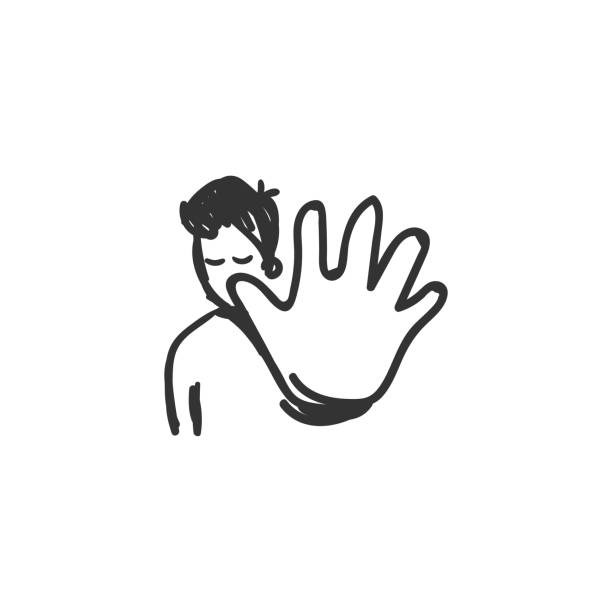 Rejection feeling icon. Outline sketch drawing. Rejection feeling icon. Man shows a rejection gesture. Outline sketch drawing. Human emotions and feelings concept. Disagree, stop, refusing expression. Isolated vector illustration talk to the hand emoticon stock illustrations