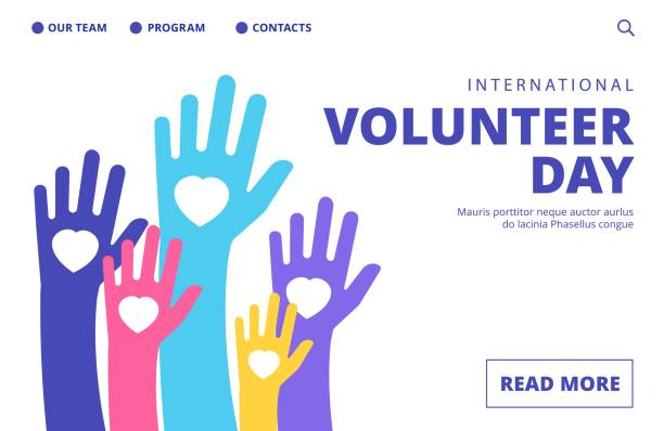 ilustraciones, imágenes clip art, dibujos animados e iconos de stock de página de aterrizaje del día del voluntario. plantilla de banner de voluntariado vectorial - volunteer