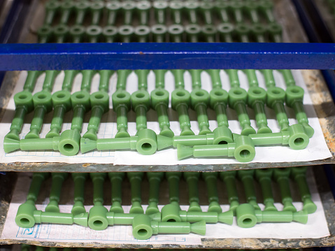 Plastic molds on the shelves in the steel foundry.