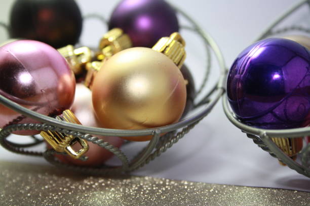 istock Holiday Party Decoration or postcard concept with top view and copy space. Three christmas ball for decoration 1286679861