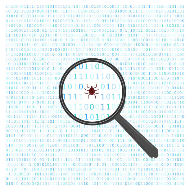 single code with bug and magnifying glass single code with bug and magnifying glass. concept of scanning and identifying a computer virus. antivirus web protection and computer security concept. PC. one zero. sign on white background debugging stock illustrations