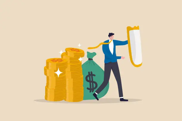 Vector illustration of Wealth protection, investment asset allocation portfolio in volatility market or saving guard in financial and economic crisis, businessman expert with strong shield to protect money coins stack.