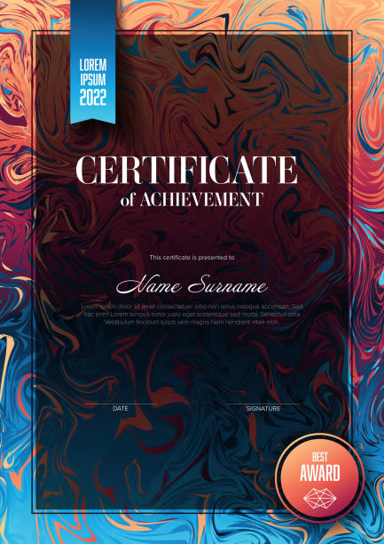 Modern certificate template layout Modern art certificate of achievement template with place for your content - vertical fresh colors version graduation gift stock illustrations