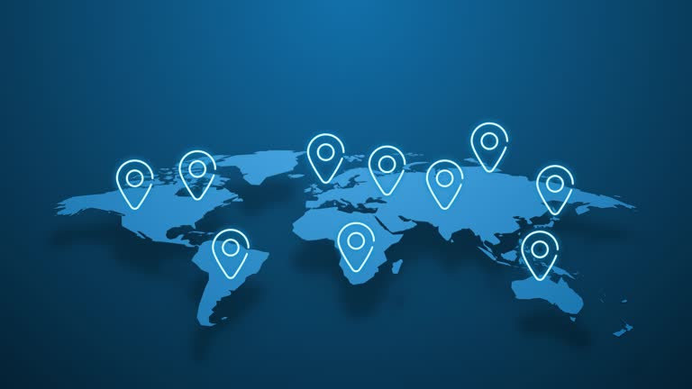 World map with highlighted locations. Global trade and interconnected countries. Neon animated markers on the map.