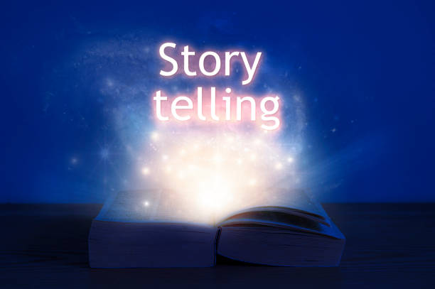 Open book with story telling inscription. Light coming from open book with words story telling.
