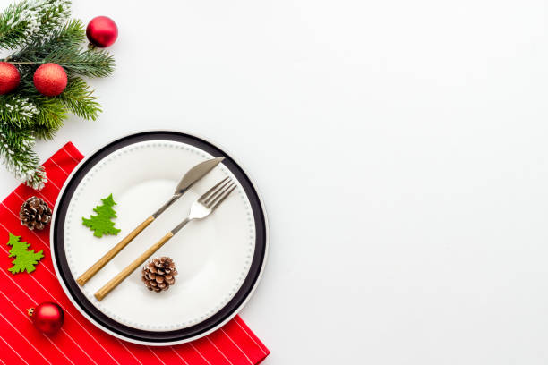 istock Beautiful Christmas table setting. New year decoration. Top view 1286682682