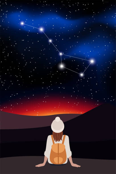 istock A red-haired girl in light clothes, wearing a hat, with a backpack sits on a rock in the mountains and looks at the constellation URSA major in the sky. Vector stock flat illustration 1286683172