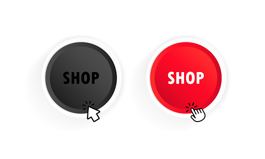 Shop button with cursor. Vector on isolated white background. EPS 10.