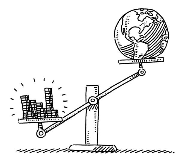 geld und umwelt aus dem gleichgewicht konzeptzeichnung - weight scale currency globe earth stock-grafiken, -clipart, -cartoons und -symbole