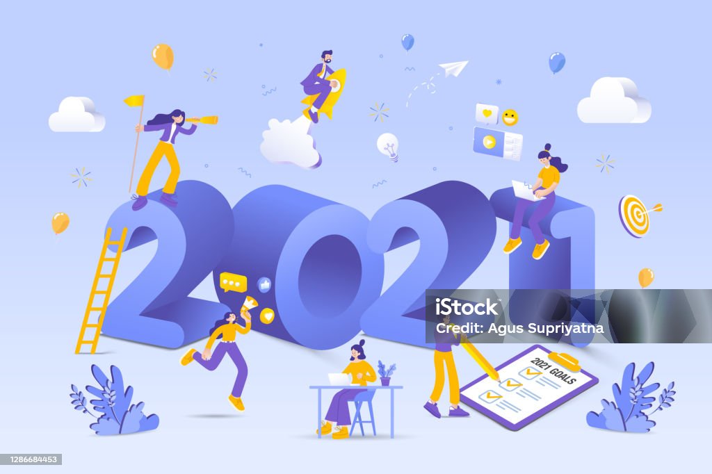 Happy new year 2021. 2021 business goals concept illustration Happy new year 2021. 2021 business goals concept illustration. 
Marketers doing social media marketing, seeking new opportunities, flying on rocket and checking resolutions list for new year 2021 stock vector