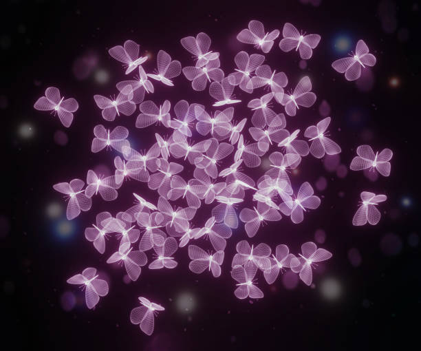 istock Flock of pink neon polygonal butterflies. Wireframe technology structure. 3d illustration 1286685461
