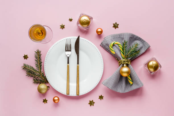 istock Christmas dinner concept with empty plate and glasses. Top view, flat lay 1286686885