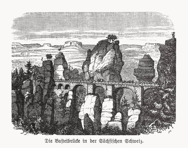 ilustraciones, imágenes clip art, dibujos animados e iconos de stock de puente de bastei, suiza sajona, alemania, grabado en madera, publicado en 1893 - elbe valley