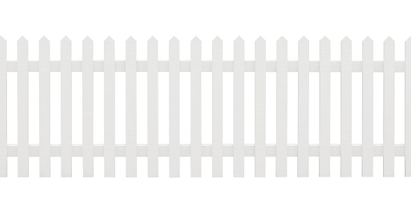 A white painted wooden picket fence in new condition isolated on white. Includes clipping path.