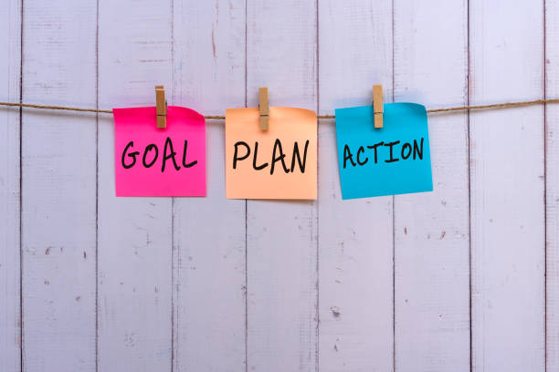 istock Goal, plan, action text on colorful paper note hanging with clothespin 1286692535