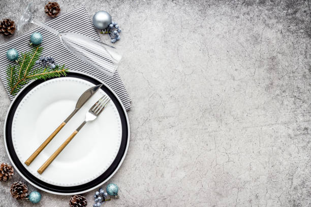 istock Festive table setting for Christmas or New year dinner. Top view 1286692903