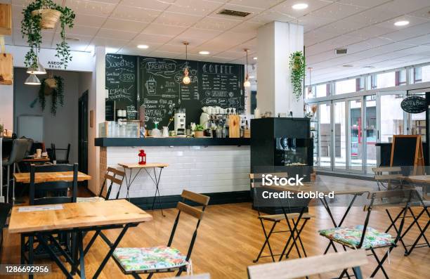Empty Cafe Interior With Chairs And Tables Stock Photo - Download Image Now - Restaurant, Cafe, Coffee Shop