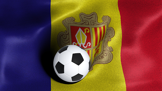 3D rendering of the flag of Andorra with a soccer ball