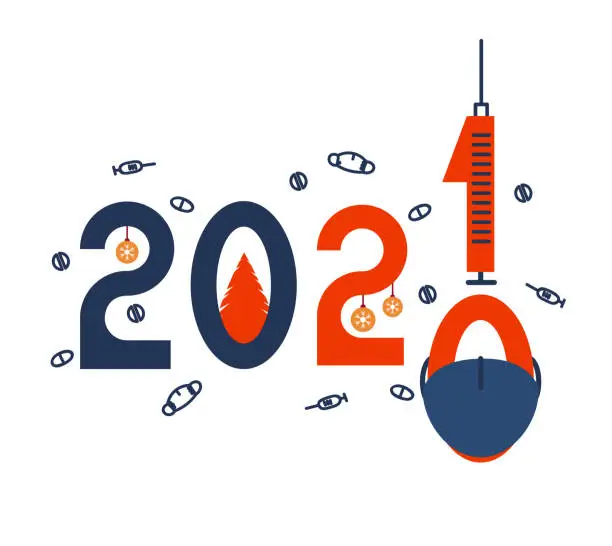 Vector illustration of HAPPY NEW YEAR 2021 text. Figures, syringe, pills, mask. Hope for vaccination against covid-19 virus. Poster template for your flyers, postcards, website headers, advertisements. Vector