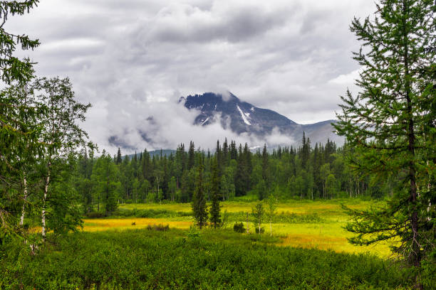 Clouded Mount Manaraga in the Subpolar Urals on a rainy day stock photo