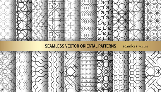 Set of 20 seamless vector repeat oriental patterns. Collection of geometric backgrounds for fabric, textile, wrapping, cover, web etc.