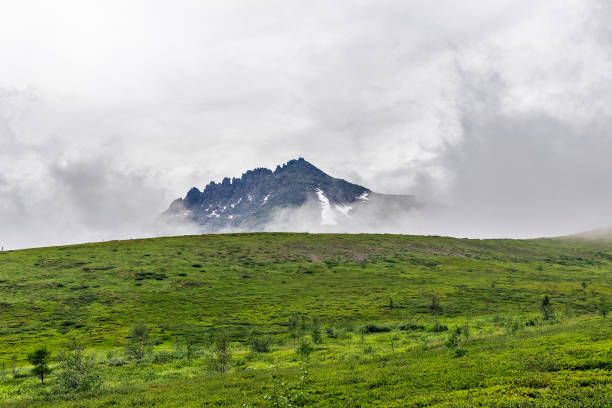Clouded Mount Manaraga in the Subpolar Urals on a rainy day