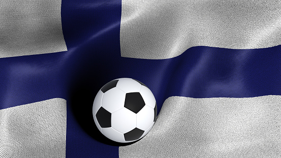 3D rendering of the flag of Finland with a soccer ball