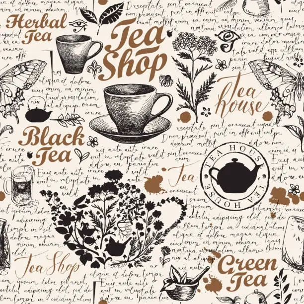 Vector illustration of hand-drawn seamless pattern on the theme of tea