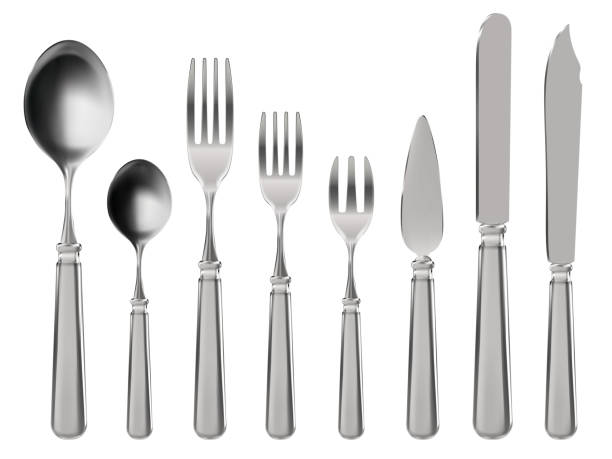 istock Realistic cutlery. Stainless steel tableware, knife, spoon and forks. Restaurant or home kitchen 3d silverware vector illustration set 1286698216