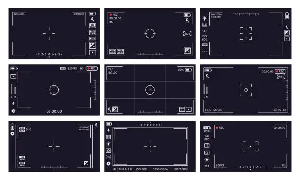 Vector illustration of Camcorder viewfinder interface. Camera viewfinder, digital display video quality, rec time, battery. Cam viewfinder screen vector illustrations