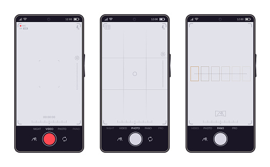 Smartphone camera interface. Mobile phones video and photo app, mobile viewfinder screens. Phone camera display vector symbols set. Cellphone with different camera modes, device with recorder