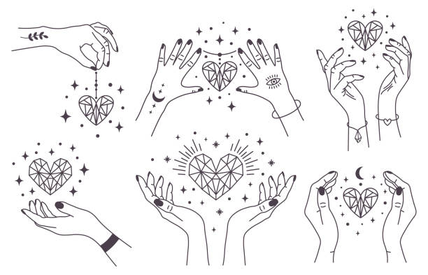 Mystical crystal hearts. Magical hands keep crystal hearts, spiritual witchcraft arms with gems. Magic esoteric hands vector illustration set Mystical crystal hearts. Magical hands keep crystal hearts, spiritual witchcraft arms with gems. Magic esoteric hands vector illustration set. Tattooed hands with moon and eye holding diamond dream believe tattoo stock illustrations