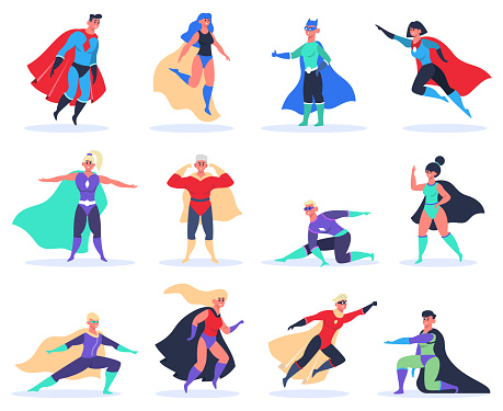 Female and male superheroes. Powerful superhero characters, brave superman and superwoman in superheroes costume with cloak vector illustration set