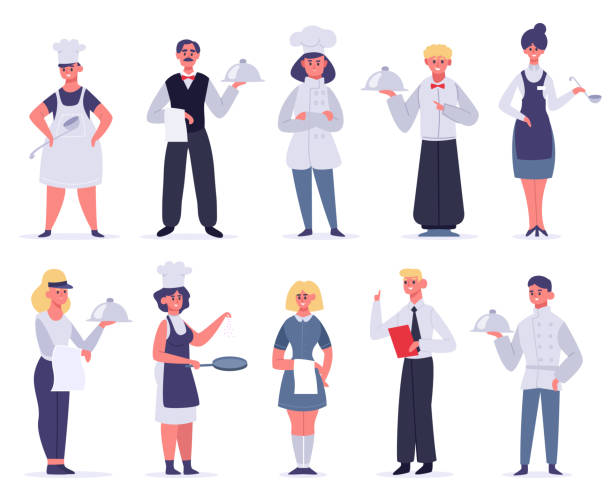 Kitchen workers. Restaurant staff characters, chef, assistants, hostess and waiter, kitchen workers cooking and serving, vector illustration set Kitchen workers. Restaurant staff characters, chef, assistants, hostess and waiter, kitchen workers cooking and serving, vector illustration set. Female and male employees in uniform restaurant supervisor stock illustrations