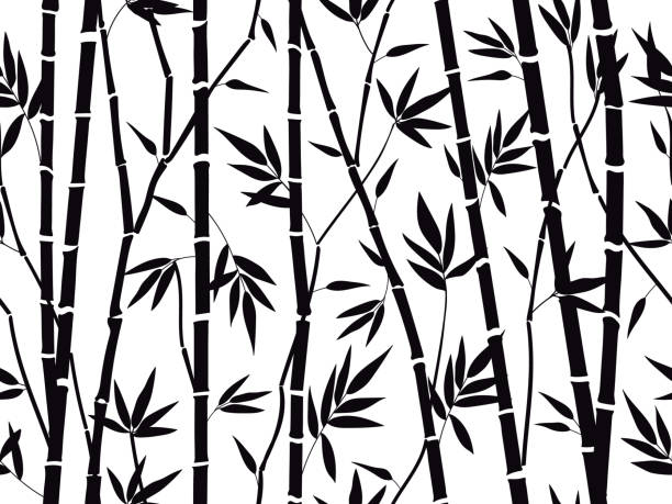 бамбуковая лесная текстура. бамбуковый силуэт леса, бамбуковые растения с листьями фон, азиатски�е бамбуковые стебли шаблон вектор фоновой  - bamboo backgrounds nature textured stock illustrations