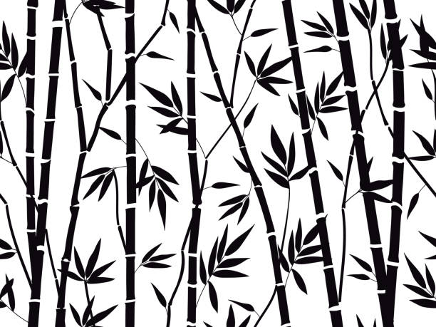 Bamboo forest texture. Bamboo forest silhouette, bamboo plants with leaves backdrop, asian bamboo stalks pattern vector background illustration Bamboo forest texture. Bamboo forest silhouette, bamboo plants with leaves backdrop, asian bamboo stalks pattern vector background illustration. Tree branches with foliage for fabric bamboo texture stock illustrations