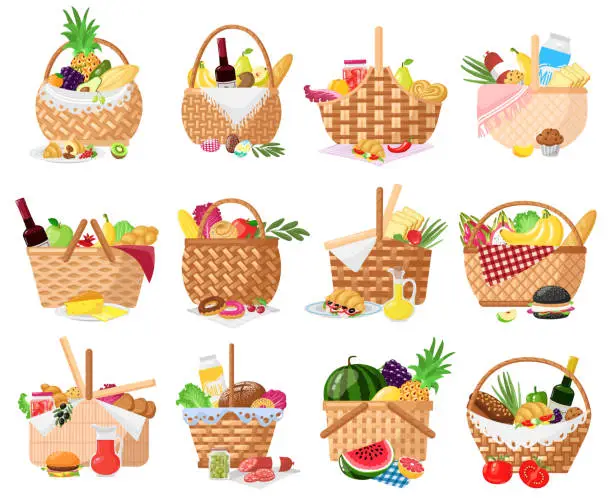 Vector illustration of Picnic baskets. Wicker willow picnic baskets with bread, fruits, vegetables and wine. Straw basket full of delish picnic food vector illustrations