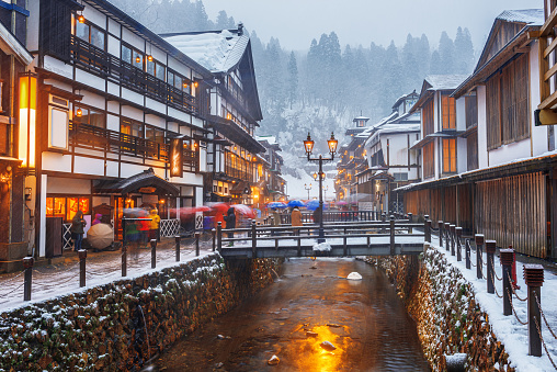 Obanazawa Ginzan Onsen, Japan hot springs town in the snow.