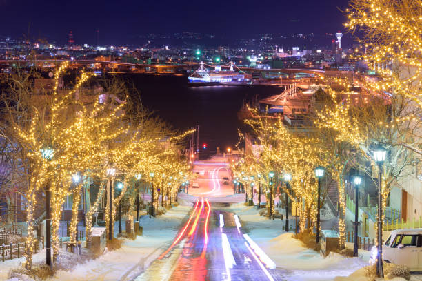 Hakodate, Hokkaido, Japan on Hachiman-zaka slope with holiday lighting Hakodate, Hokkaido, Japan on Hachiman-zaka slope with holiday lighting at night. hakodate stock pictures, royalty-free photos & images