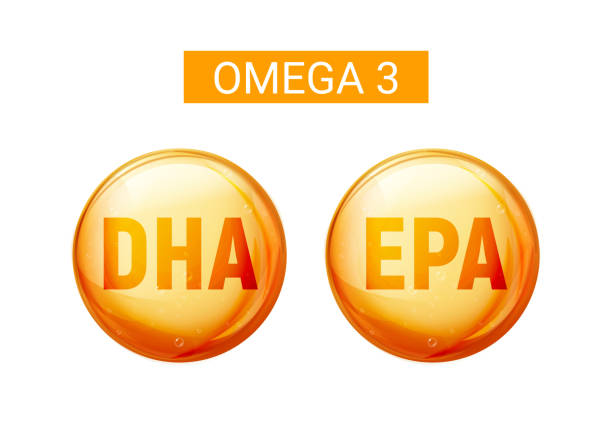 illustrazioni stock, clip art, cartoni animati e icone di tendenza di omega 3 acido grasso dha epa capsula. capsula d'oro olio di pesce - omega three