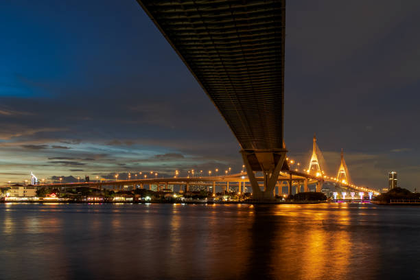 istock Large suspension bridge over Chao Phraya river at twilight 1286701332