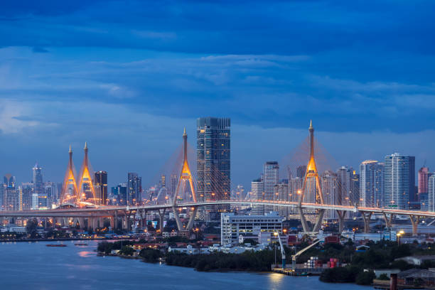 istock Large suspension bridge over Chao Phraya river at twilight, with city in background 1286701525
