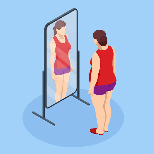 ilustrações de stock, clip art, desenhos animados e ícones de problem of excess weight and health. isometric fat woman looks in the mirror and sees herself as slim. health risk, obesity. - dieting overweight weight scale healthcare and medicine