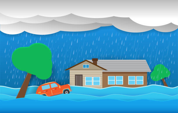 家、大雨や嵐で洪水自然災害、家庭、雲や雨、都市の洪水水で被害。 - harvey点のイラスト素材／クリップアート素材／マンガ素材／アイコン素材
